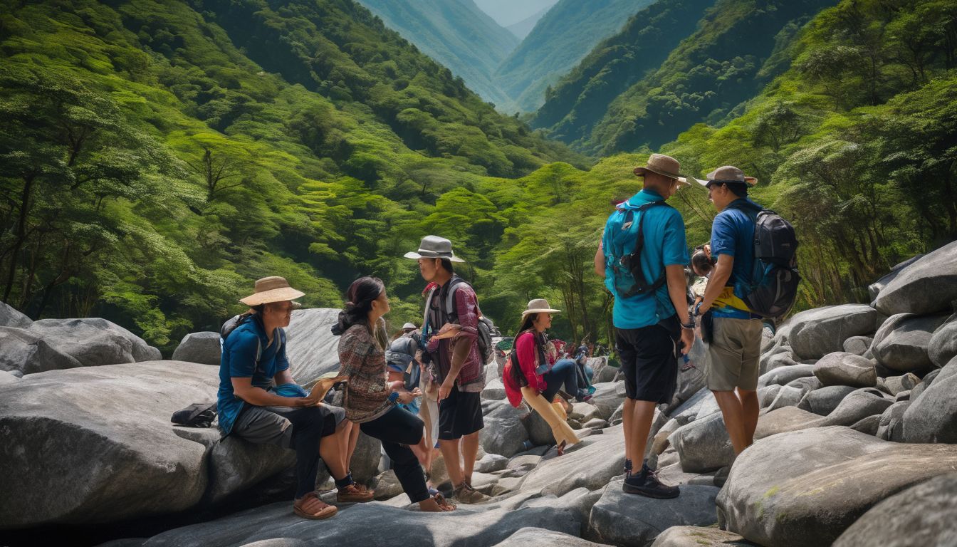 A group of diverse tourists enjoying the stunning mountain views and stone collection activity in Jaflong.