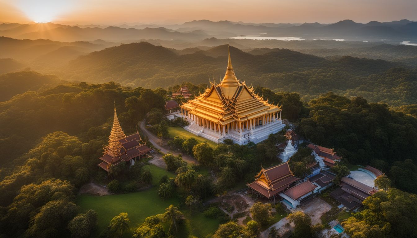 An aerial photo of Wat Ban Tham at sunset showcasing its stunning architecture and bustling atmosphere.