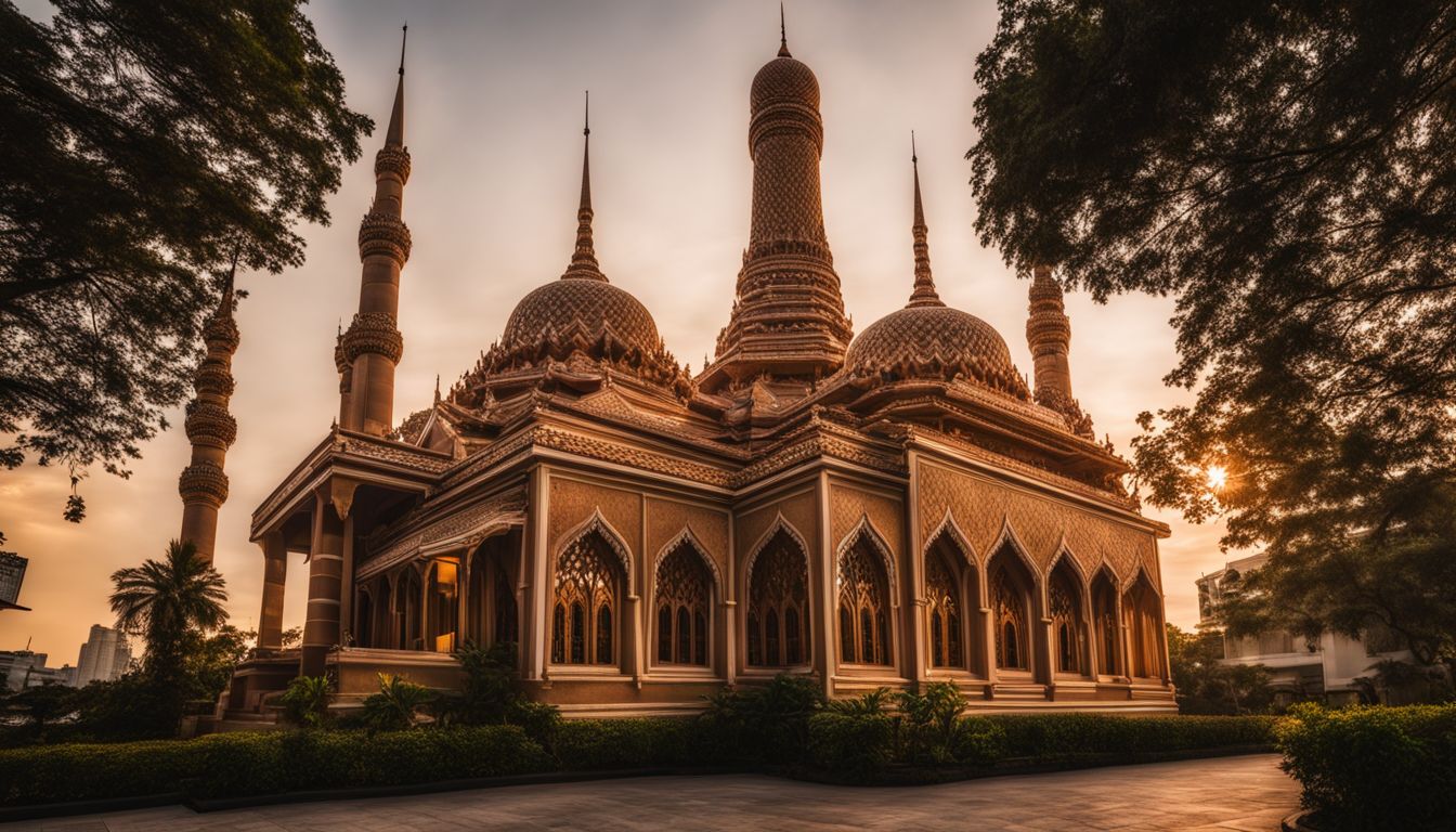 The photo showcases the unique architectural design of the Gingerbread Mosque in Bangkok at sunset.