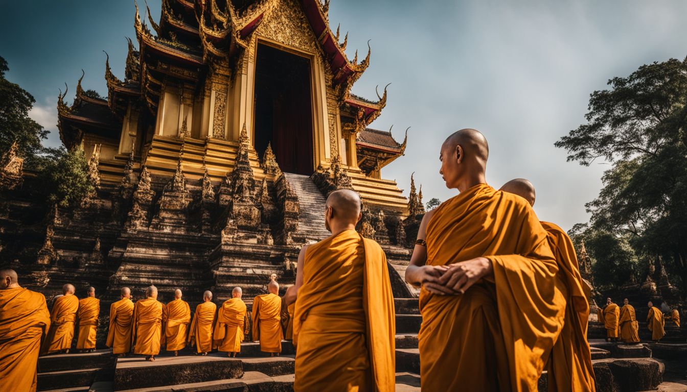 A photo of golden statues of Buddhist monks in front of a historic temple.