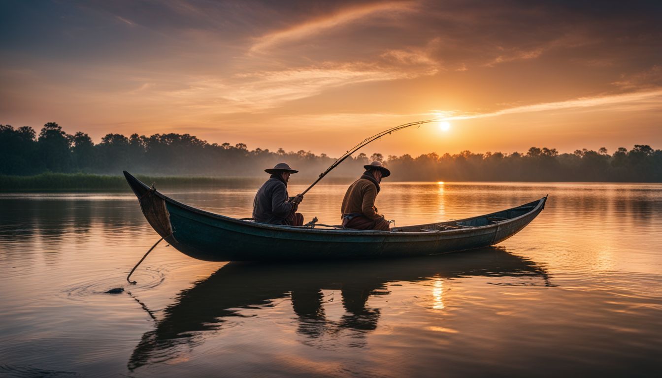 A fisherman in a traditional boat on a serene river at sunrise, captured in a vibrant and cinematic landscape photograph.