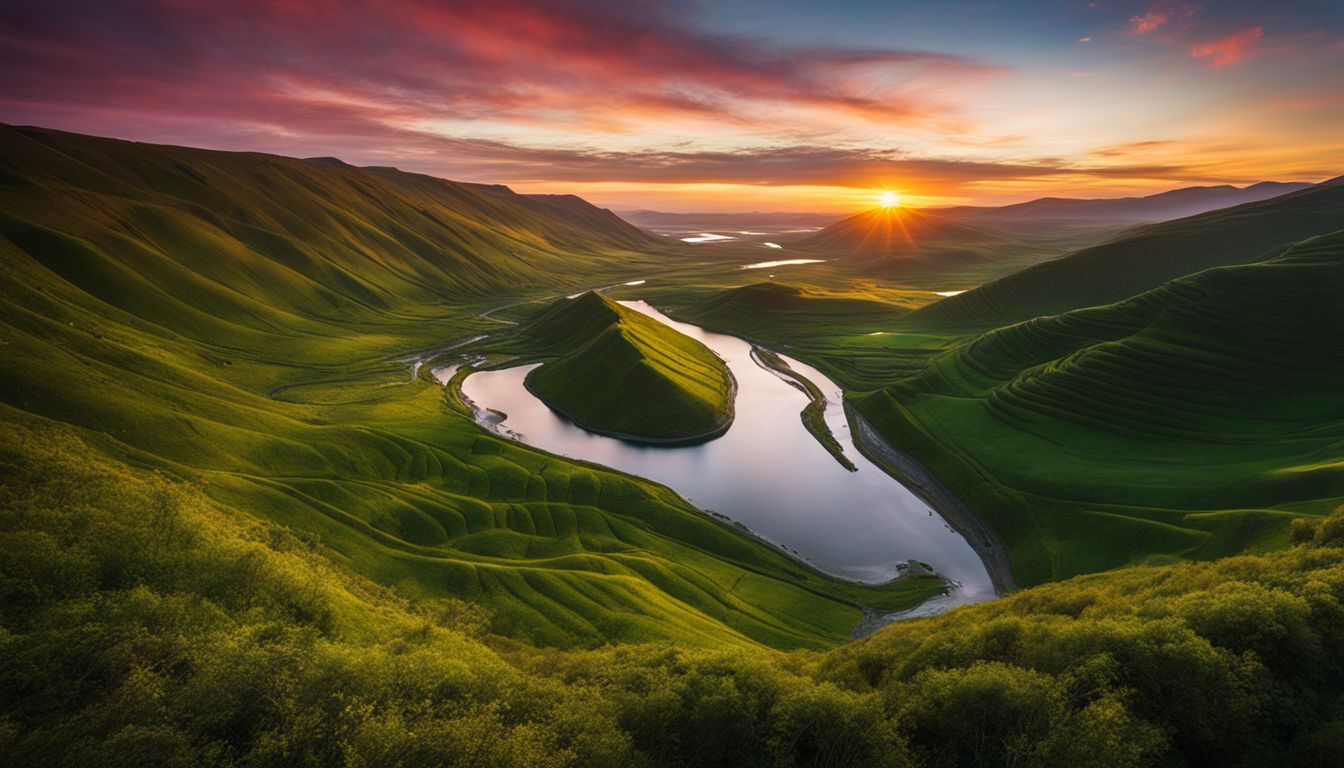 A stunning photograph capturing a vibrant sunset over a winding river surrounded by lush green deltas.