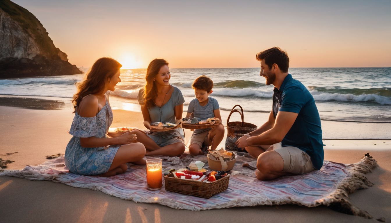 A family enjoys a beach picnic with a beautiful sunset backdrop in this well-lit and vibrant photograph.