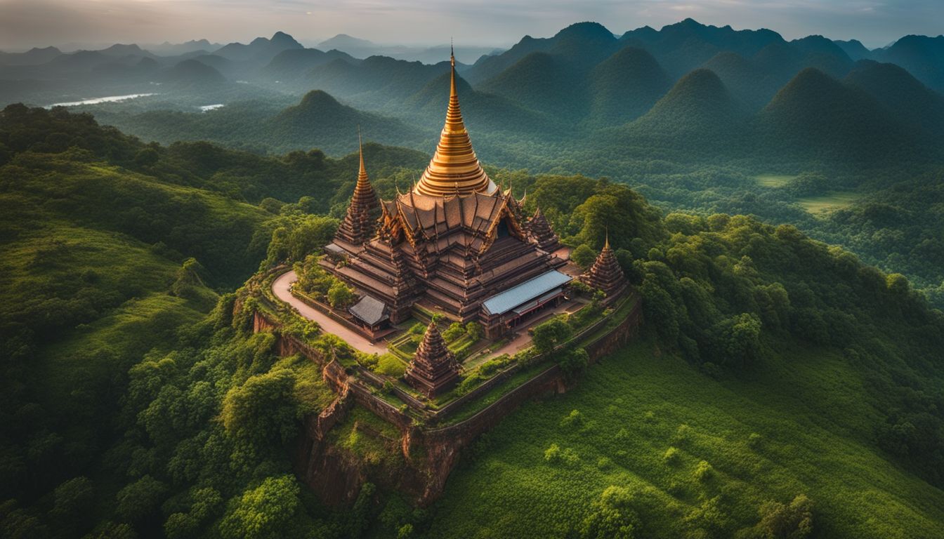 An aerial view of Wat Phu Tok surrounded by lush greenery and beautiful landscapes, capturing the bustling atmosphere and stunning scenery.