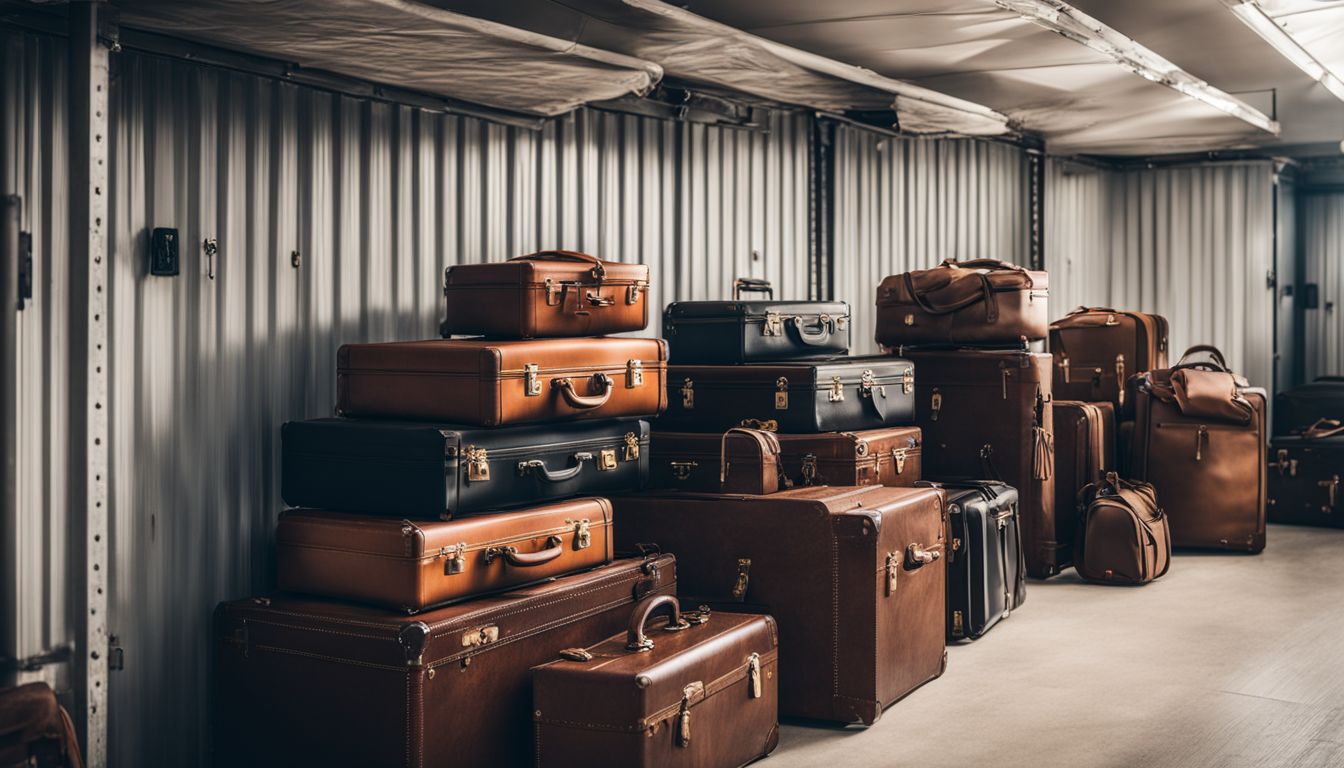 A collection of expensive suitcases and bags locked with sturdy padlocks in a well-lit storage room.