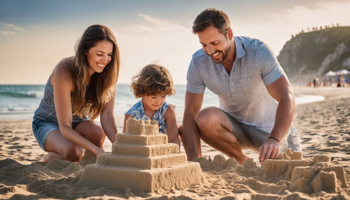 A family building a sandcastle on a crowded beach with a beautiful seascape background.