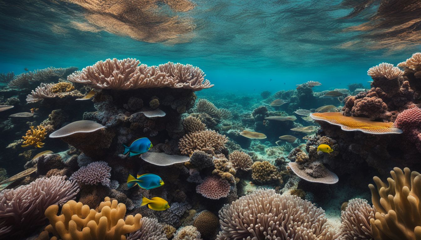 A vibrant coral reef teeming with diverse marine life is captured in stunning detail with a DSLR camera.