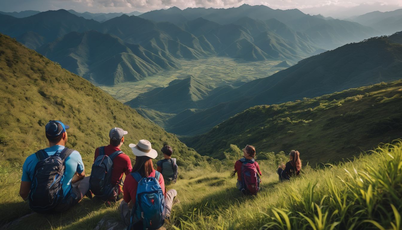 A diverse group of hikers enjoys the stunning view of the Sajek Valley from a hilltop.
