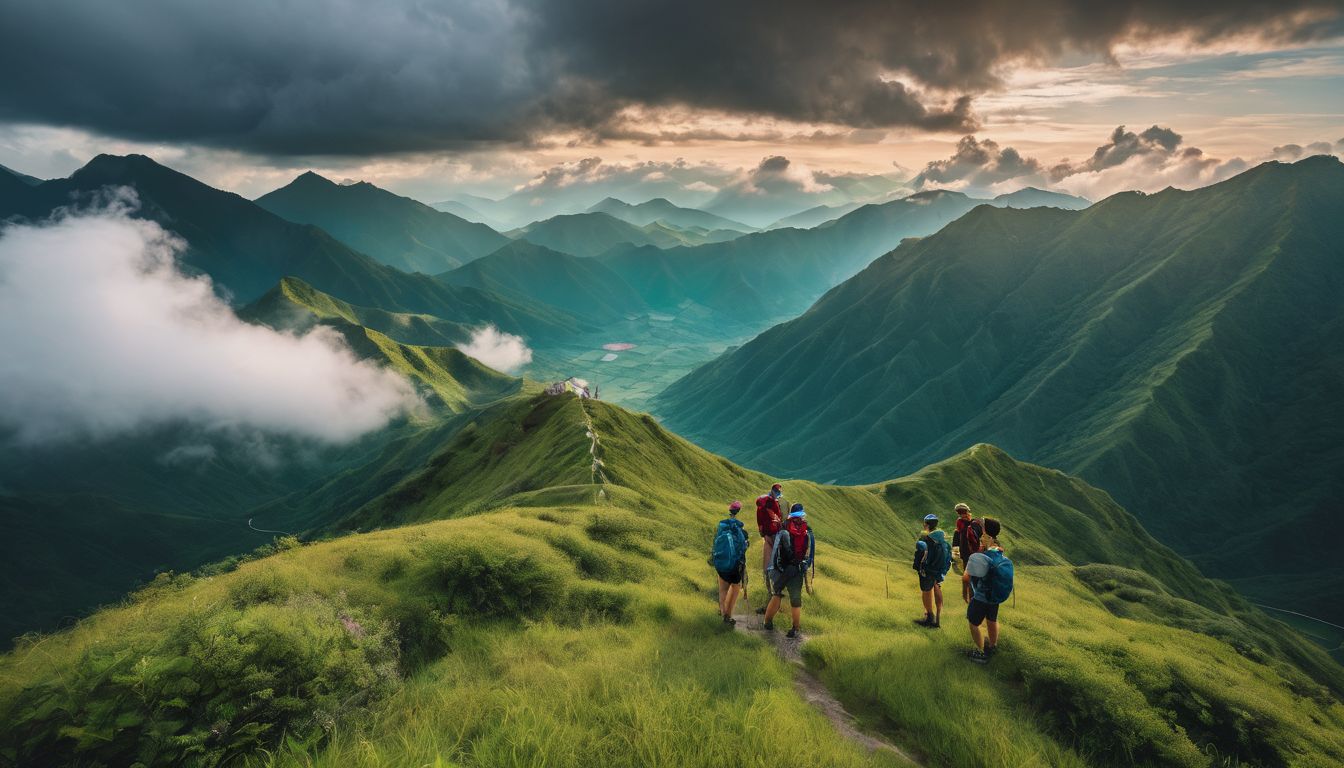 A diverse group of hikers enjoy the breathtaking view from Sajek Helipad, surrounded by lush green hills and clouds.