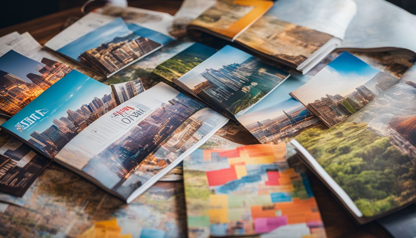 A vibrant collection of travel brochures and maps with a magnifying glass.