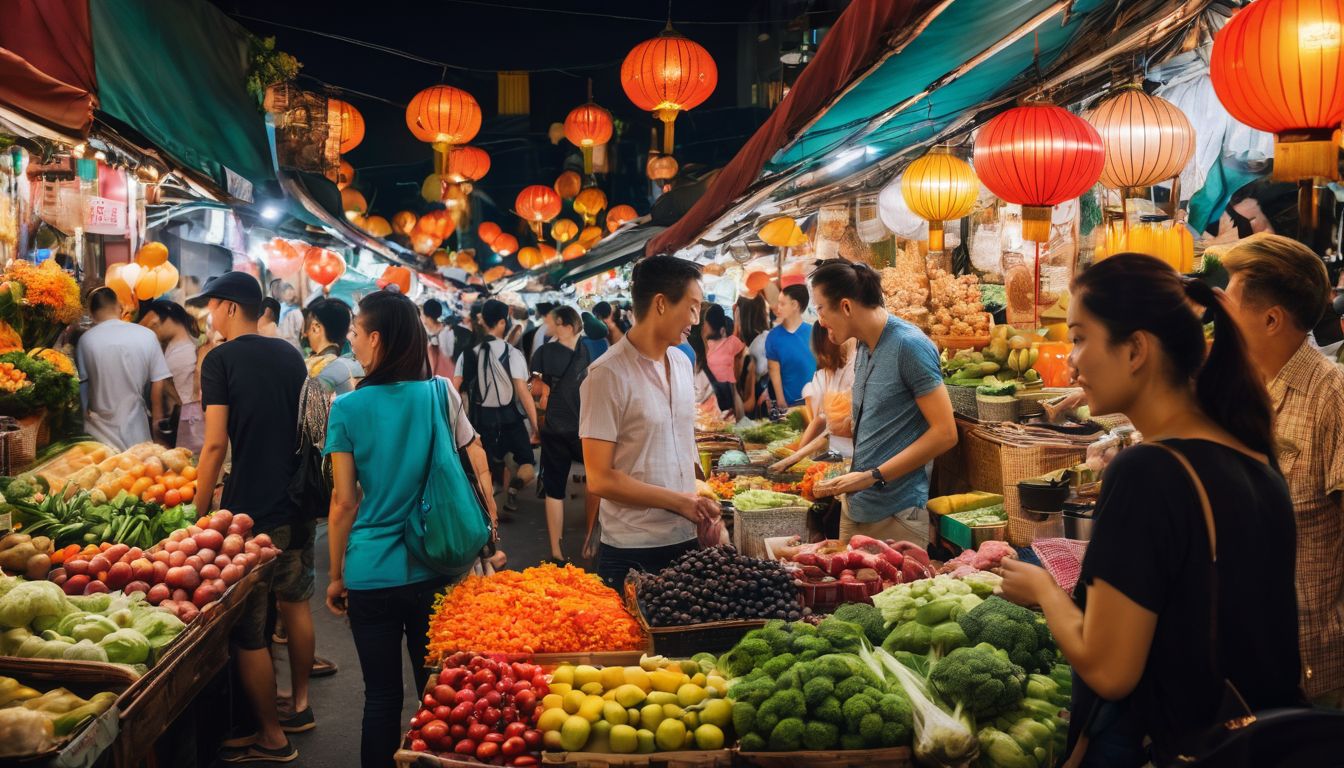 A diverse group of tourists explore a vibrant market in Bangkok, captured in a stunning photograph.