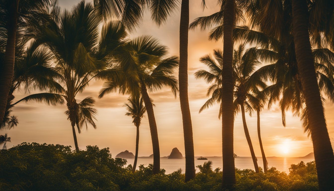 A stunning photograph of lush palm trees swaying against a golden sunset backdrop.