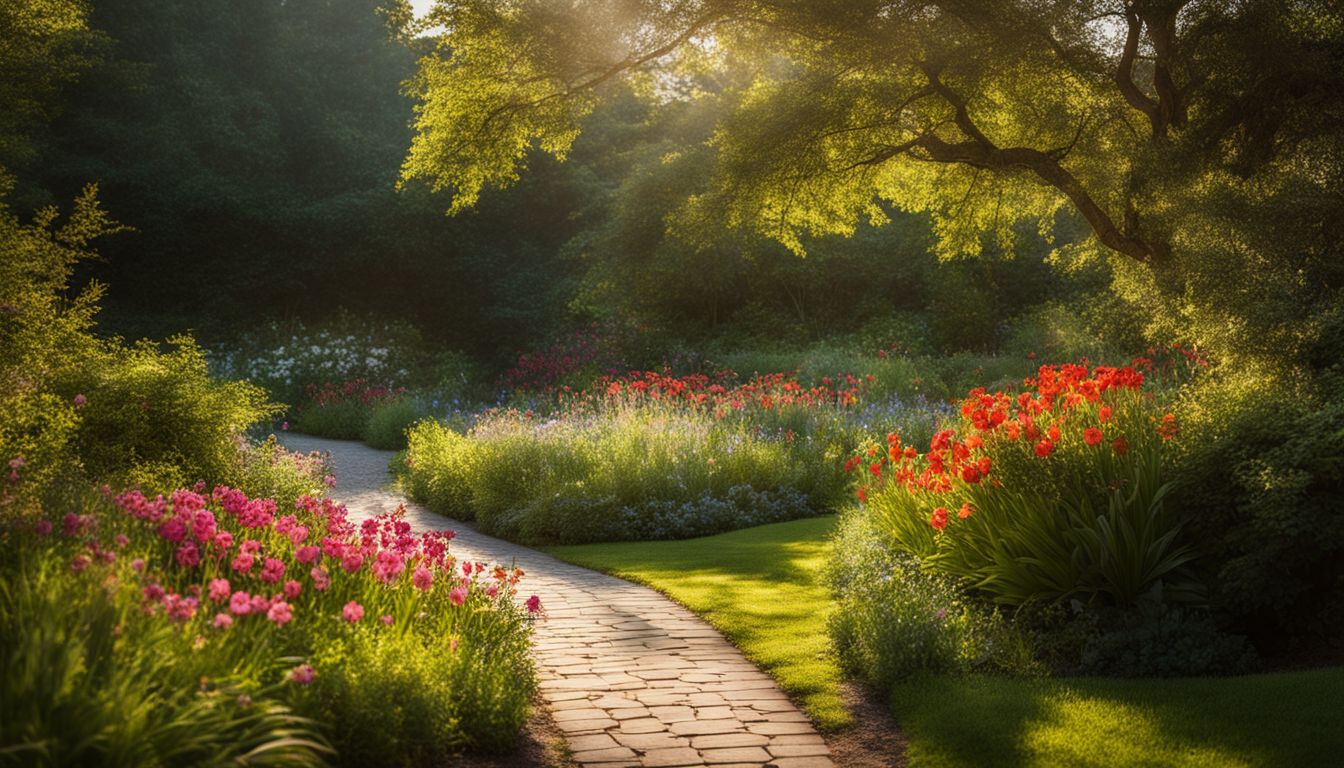 A peaceful garden path with blooming flowers and harmonious greenery, captured in high resolution.
