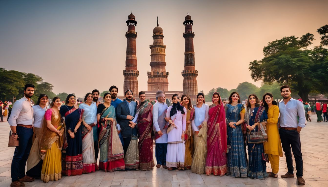 A group of diverse tourists posing in front of the Shahid Minar, a famous city landmark.