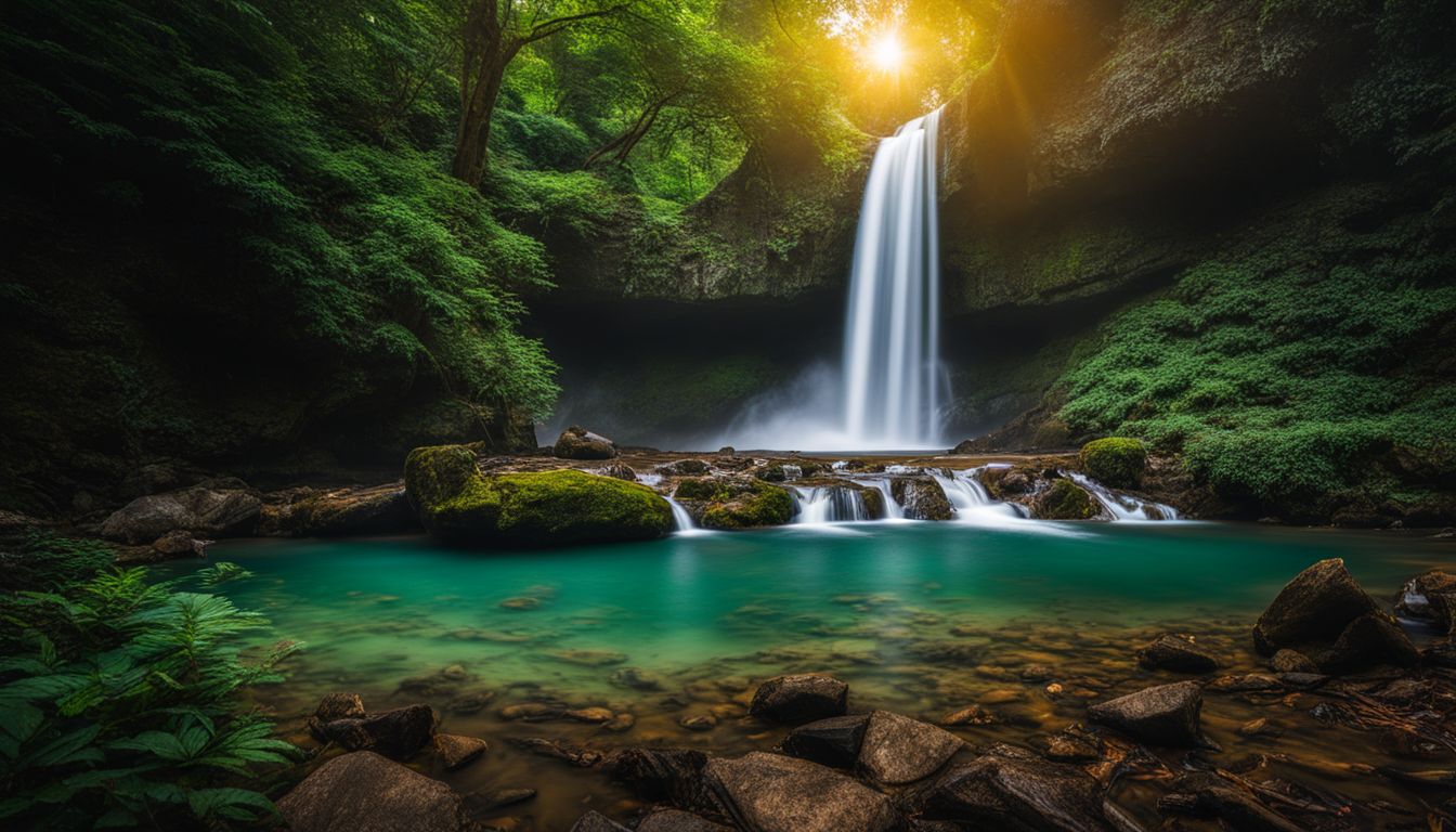 A vibrant photo of Shuvolong Waterfalls surrounded by lush foliage, capturing the beauty of nature.