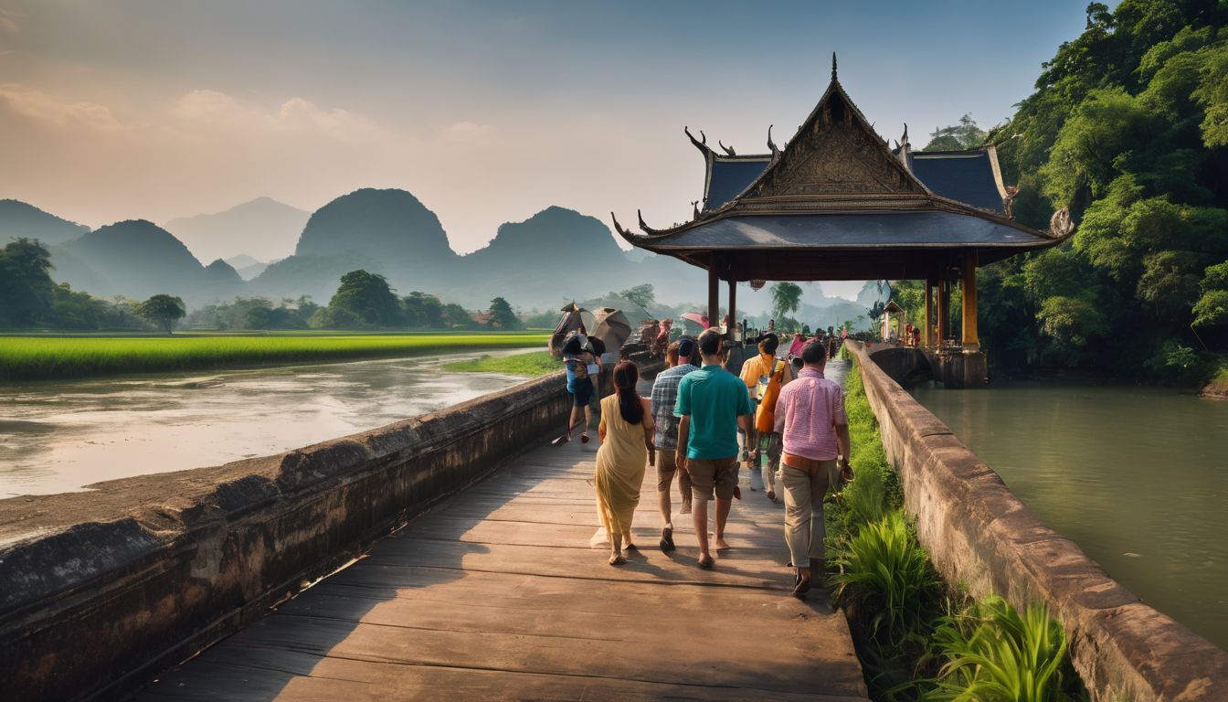 A diverse group of villagers walking across the historic Bridge Wat Tham Khao Pun.
