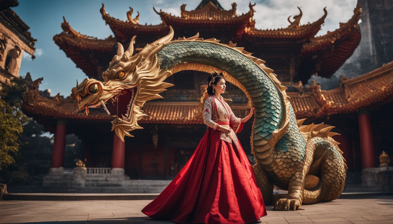 A woman in traditional attire poses next to a dragon statue in a temple courtyard.