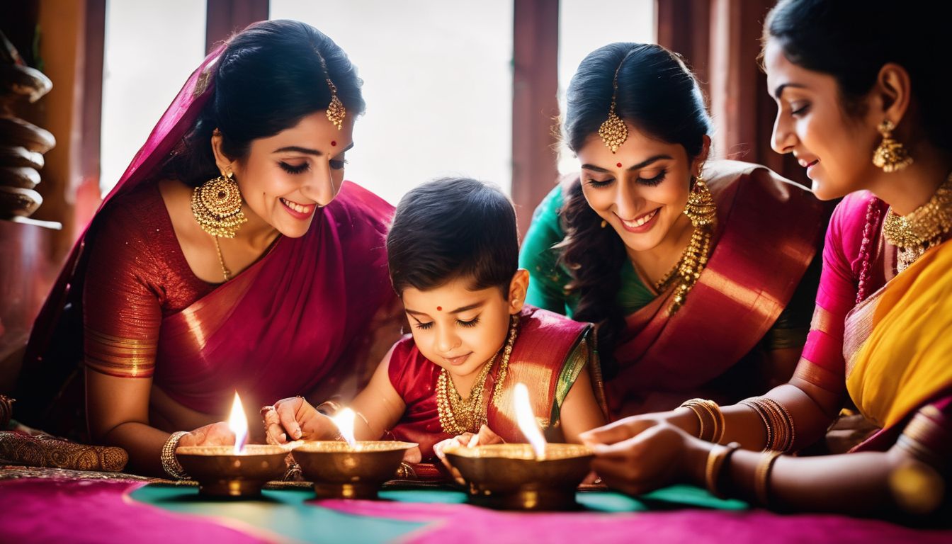 A family celebrates together, lighting diyas in a beautifully decorated room.