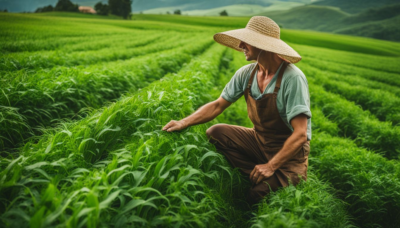 A farmer working in a lush green field surrounded by bountiful crops.