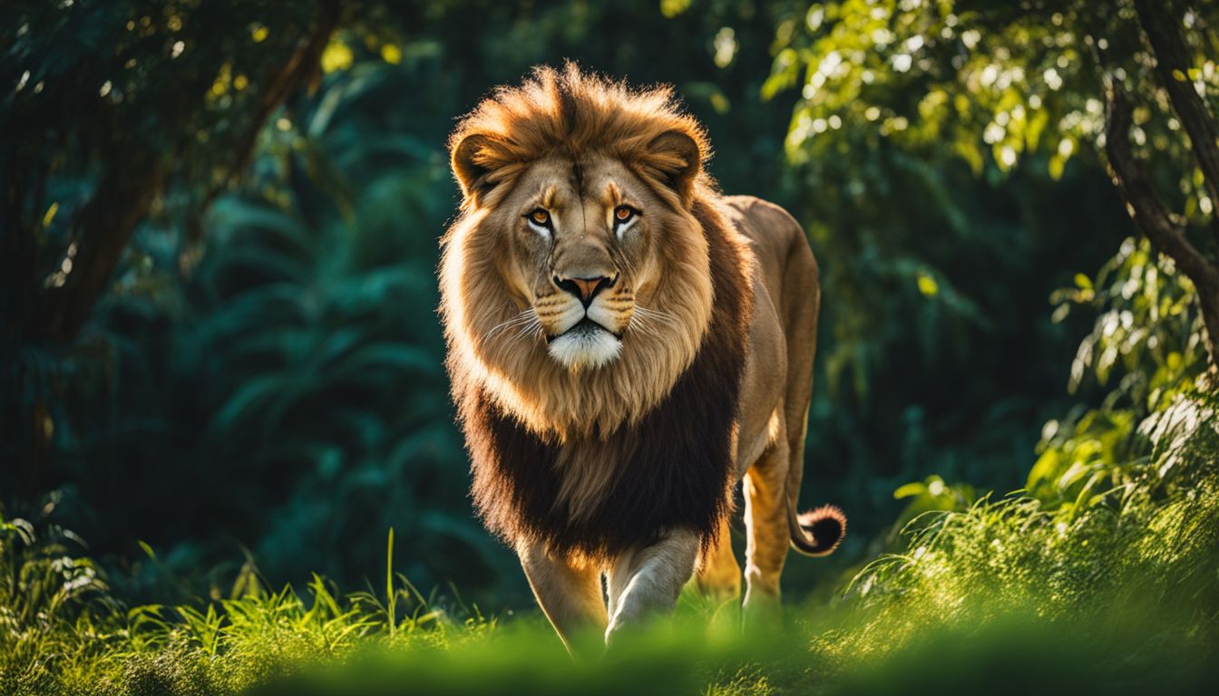 A captivating photograph of a majestic lion in a lush jungle, captured in stunning detail and clarity.
