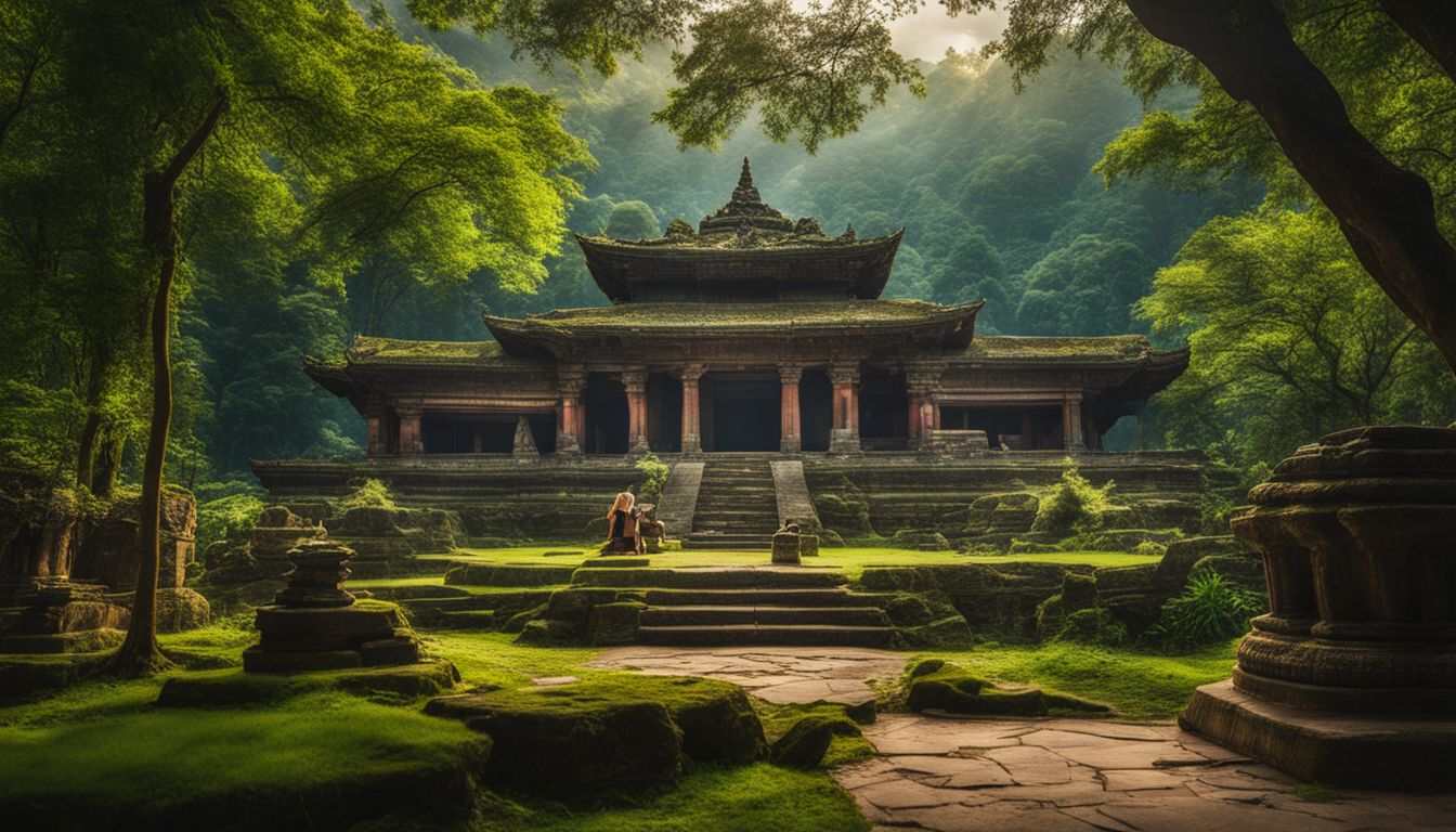 A photograph of an ancient temple surrounded by lush greenery and a bustling atmosphere.