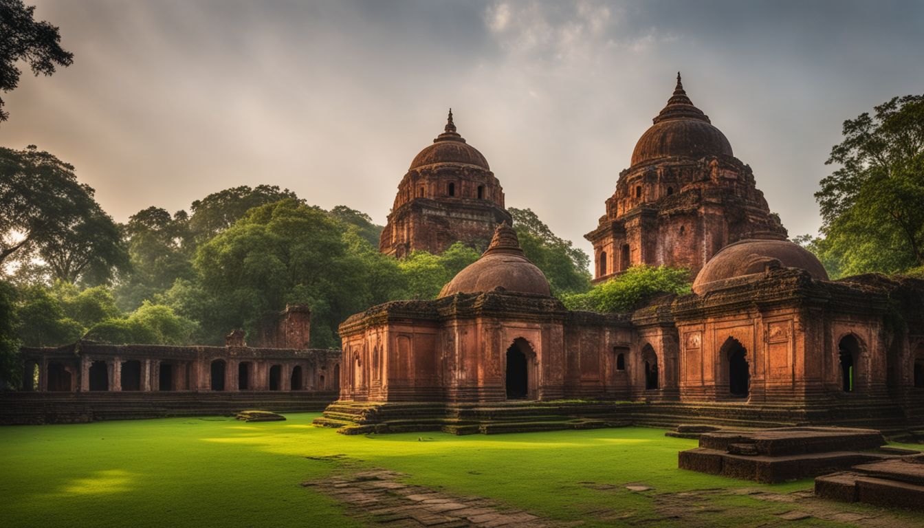 A photo of the ancient temples of Sonargaon's ruins surrounded by lush greenery, captured in crystal clear detail.