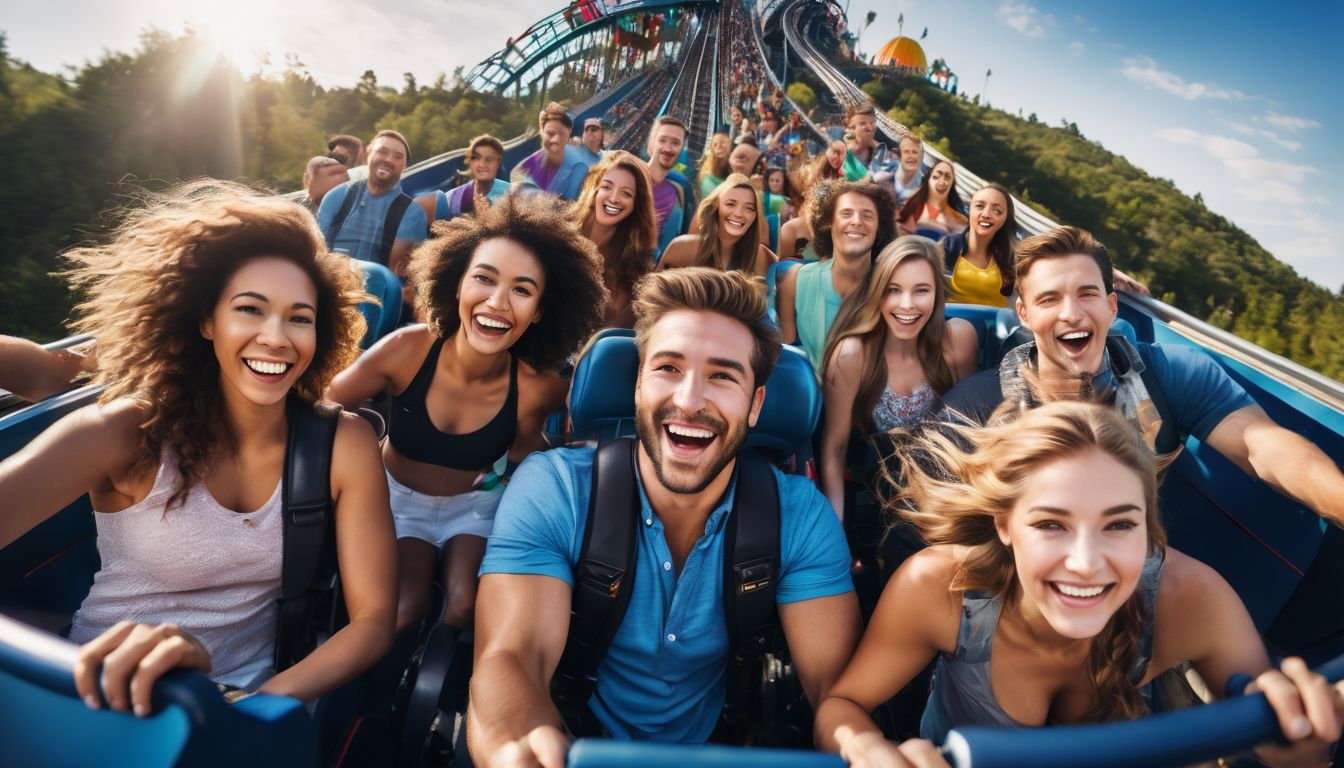 A diverse group of people having a joyful time on a roller coaster at an amusement park.