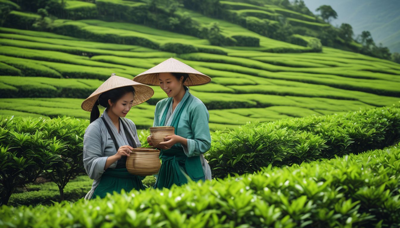 A vibrant tea garden scene with workers harvesting leaves in a bustling atmosphere.