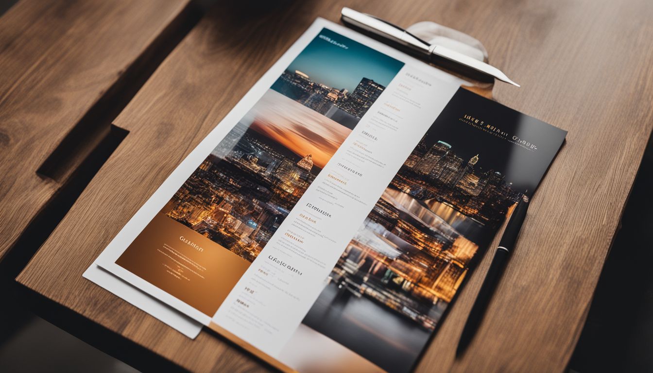 A photo of a clean, minimalist menu on a wooden table with a bustling cityscape in the background.