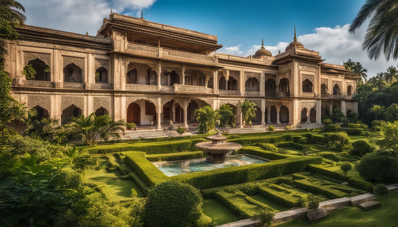 The Tajhat Palace exterior and lush gardens create a picturesque setting with diverse visitors and a bustling atmosphere.
