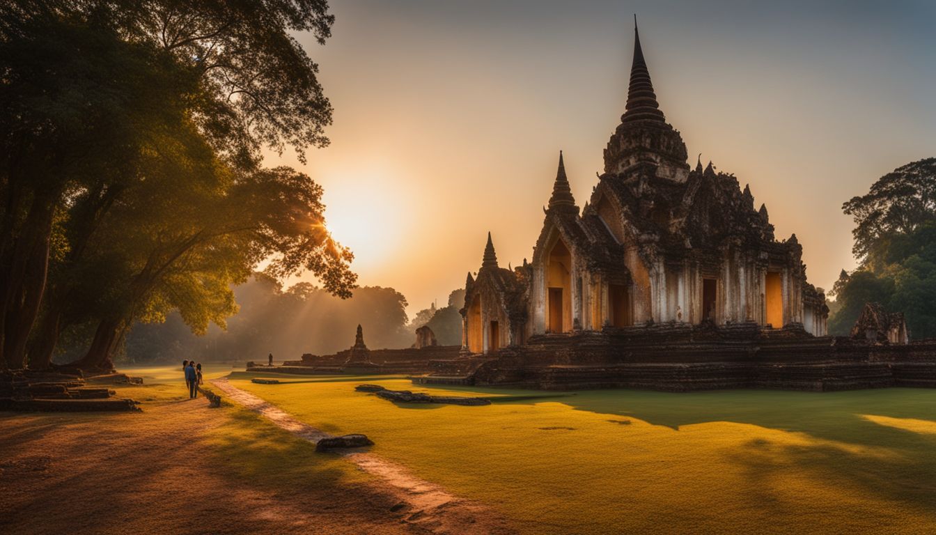 A photo of the ancient ruins of Wat Si Sawai in the golden morning light with various people and a bustling atmosphere.