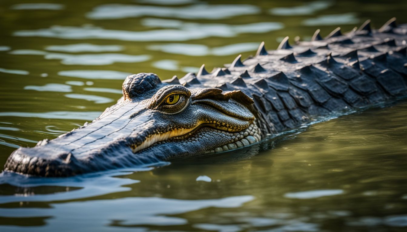 A photograph capturing an estuarine crocodile swimming through the canals of Sunderbans National Park.