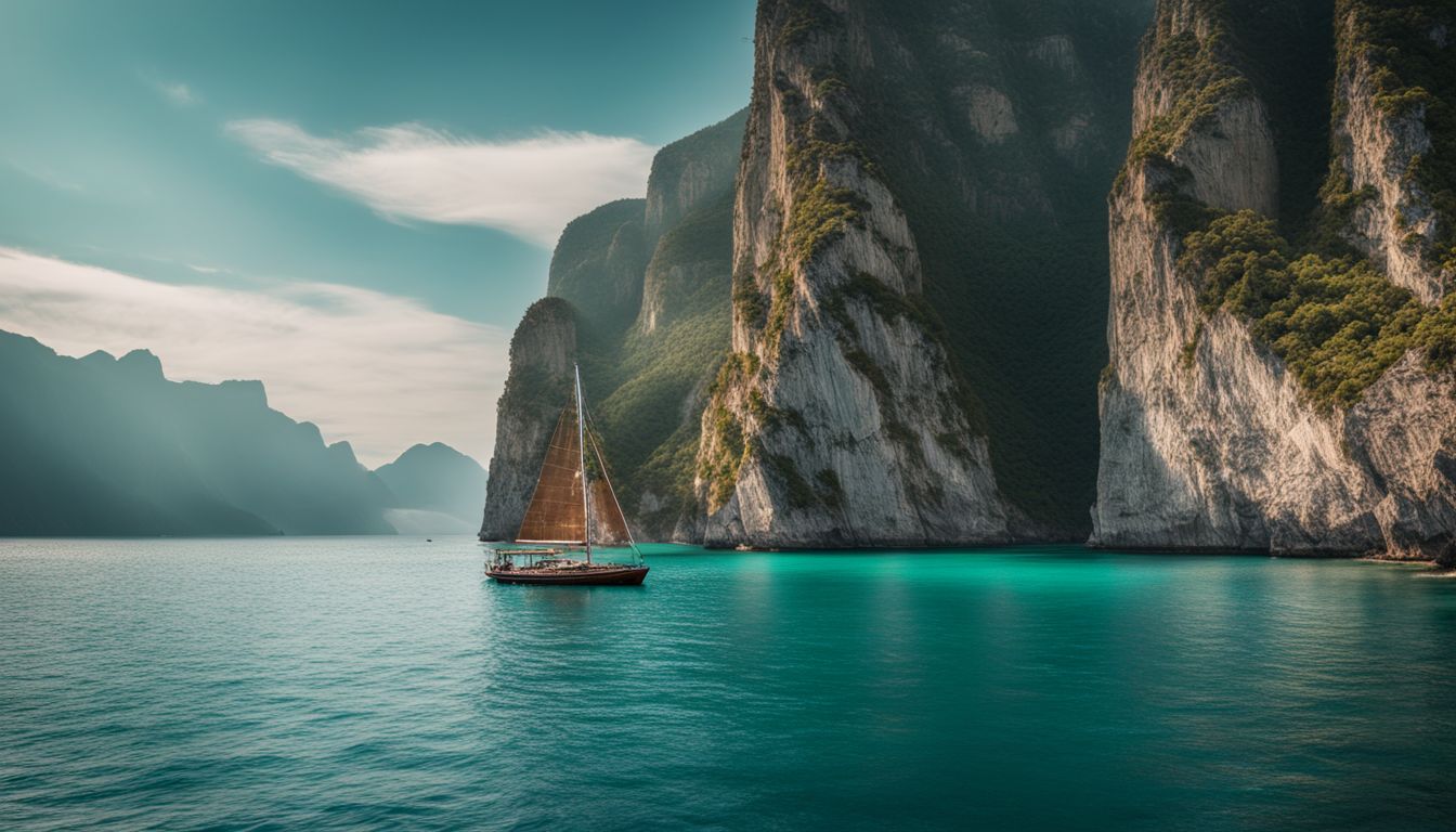 A sailboat floats alone in turquoise waters surrounded by towering cliffs in a bustling atmosphere.