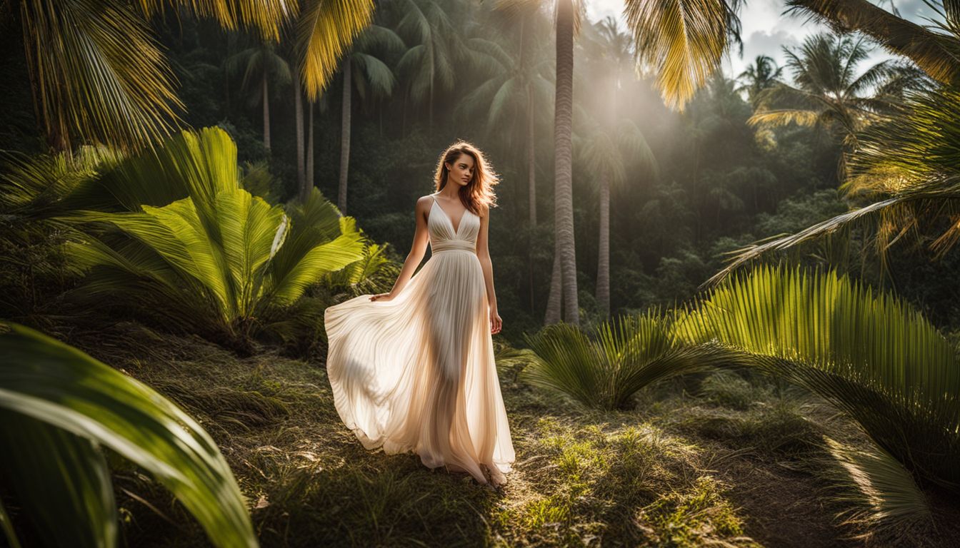 A woman in a flowing dress stands among palm trees in the jungle in a variety of different looks and poses.