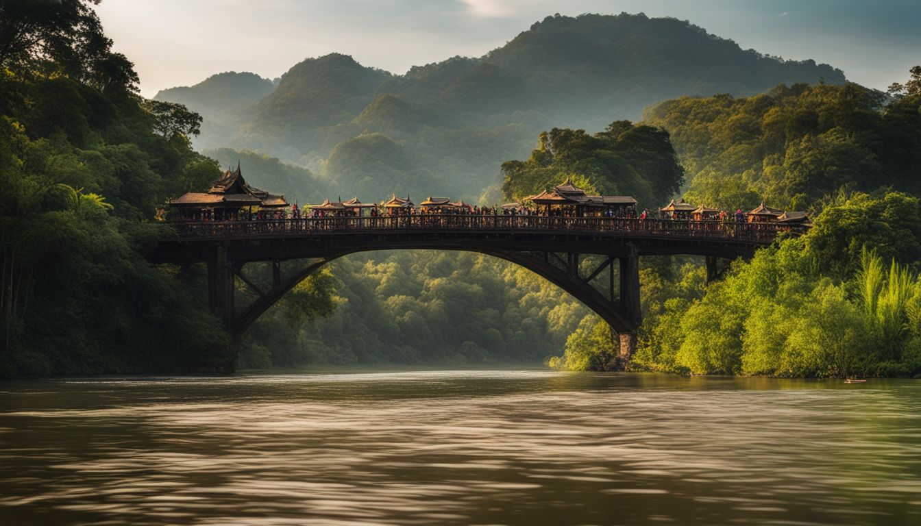 A photo of the Bridge Wat Tham Khao Pun surrounded by the River Kwai and lush natural scenery.