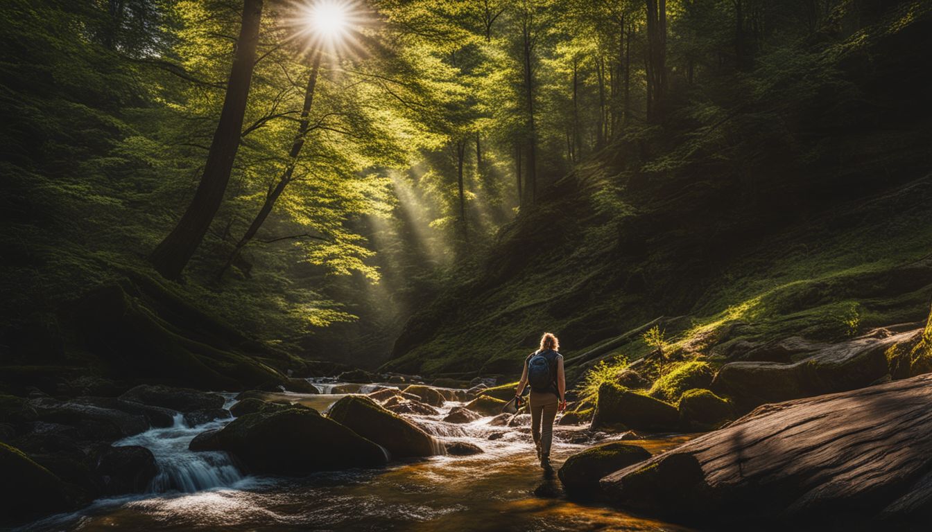 A hiker enjoys the peacefulness of a forest with sunlight shining through the trees.