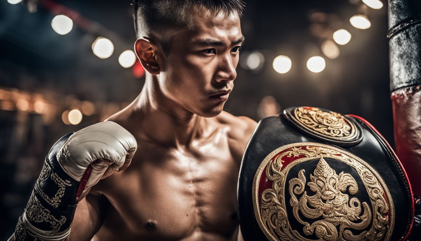 A young Muay Thai fighter is depicted wearing traditional Thai symbols and surrounded by different faces, hair styles, and outfits.