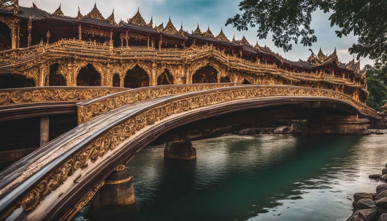 The photo features a close-up shot of the ornate architectural details of the Bridge Wat Tham Khao Pun, with a bustling atmosphere and various individuals.
