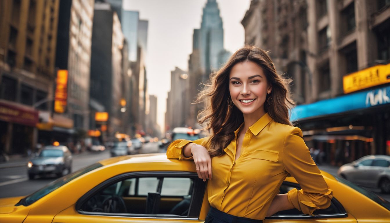 A photo of two people happily sitting in a taxi with a cityscape in the background.