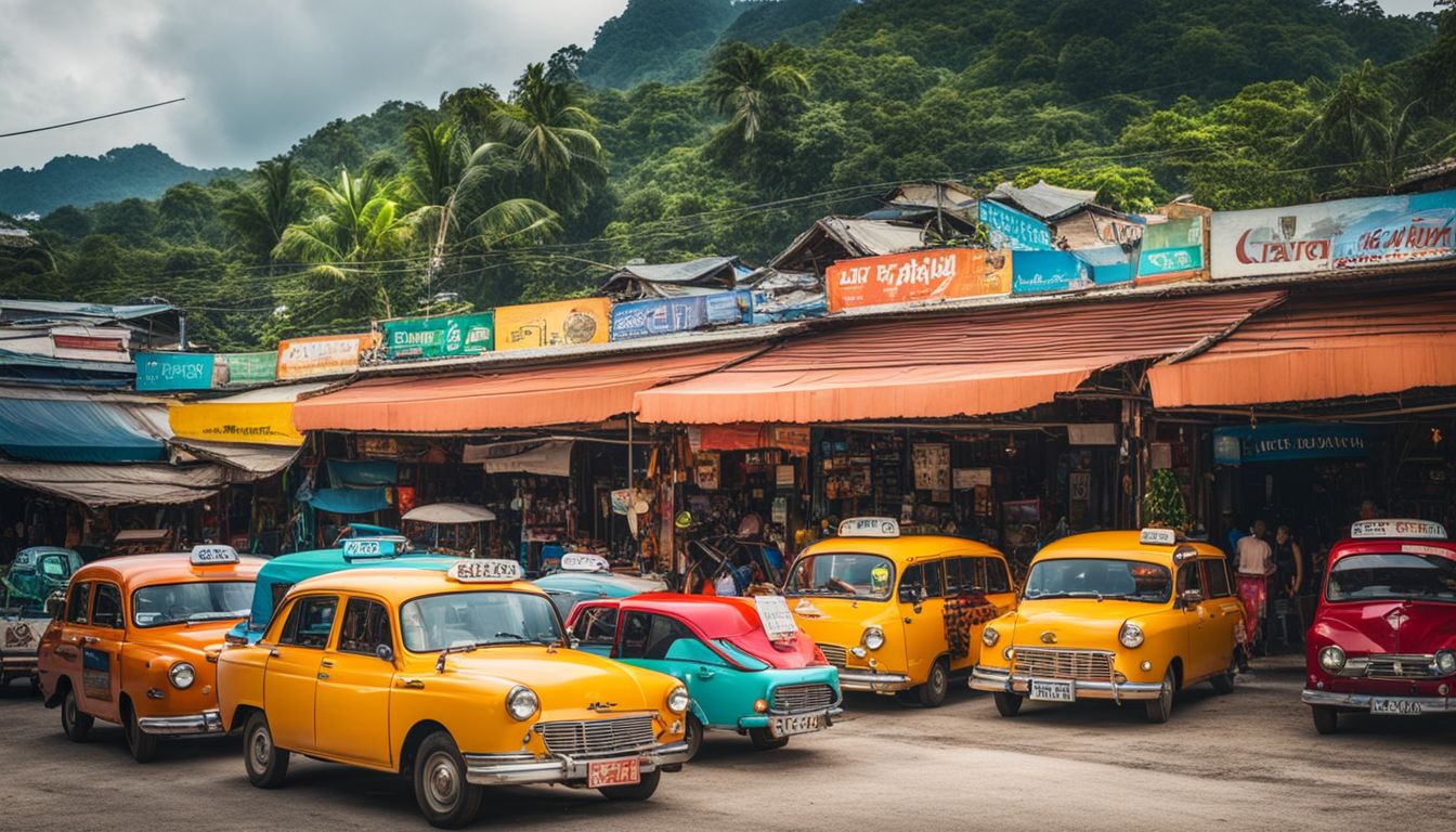 A colorful fleet of taxis and tuk-tuks parked on a bustling street in Ko Chang.