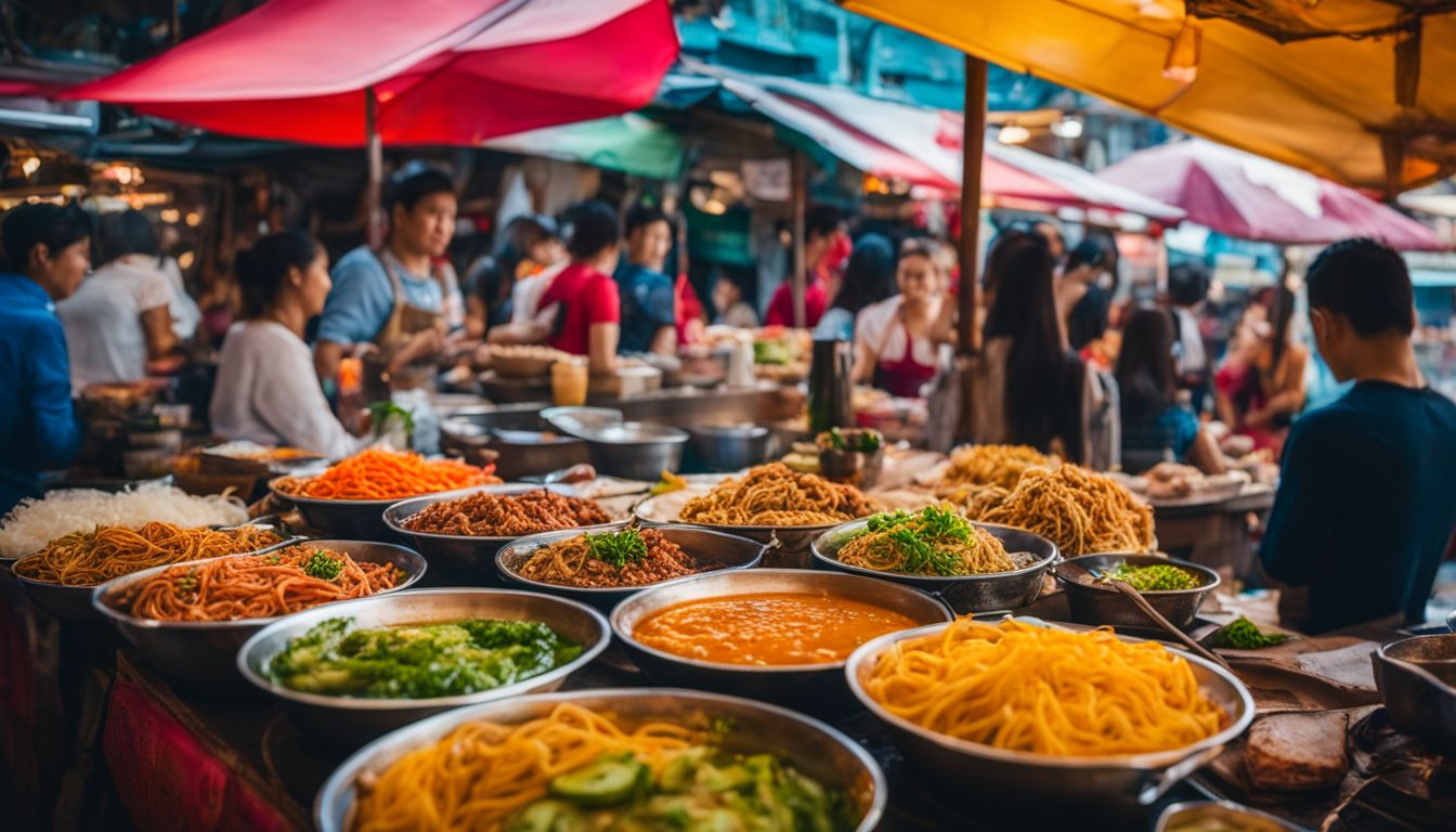 A vibrant display of Thai street food in a bustling market, captured in stunning detail.