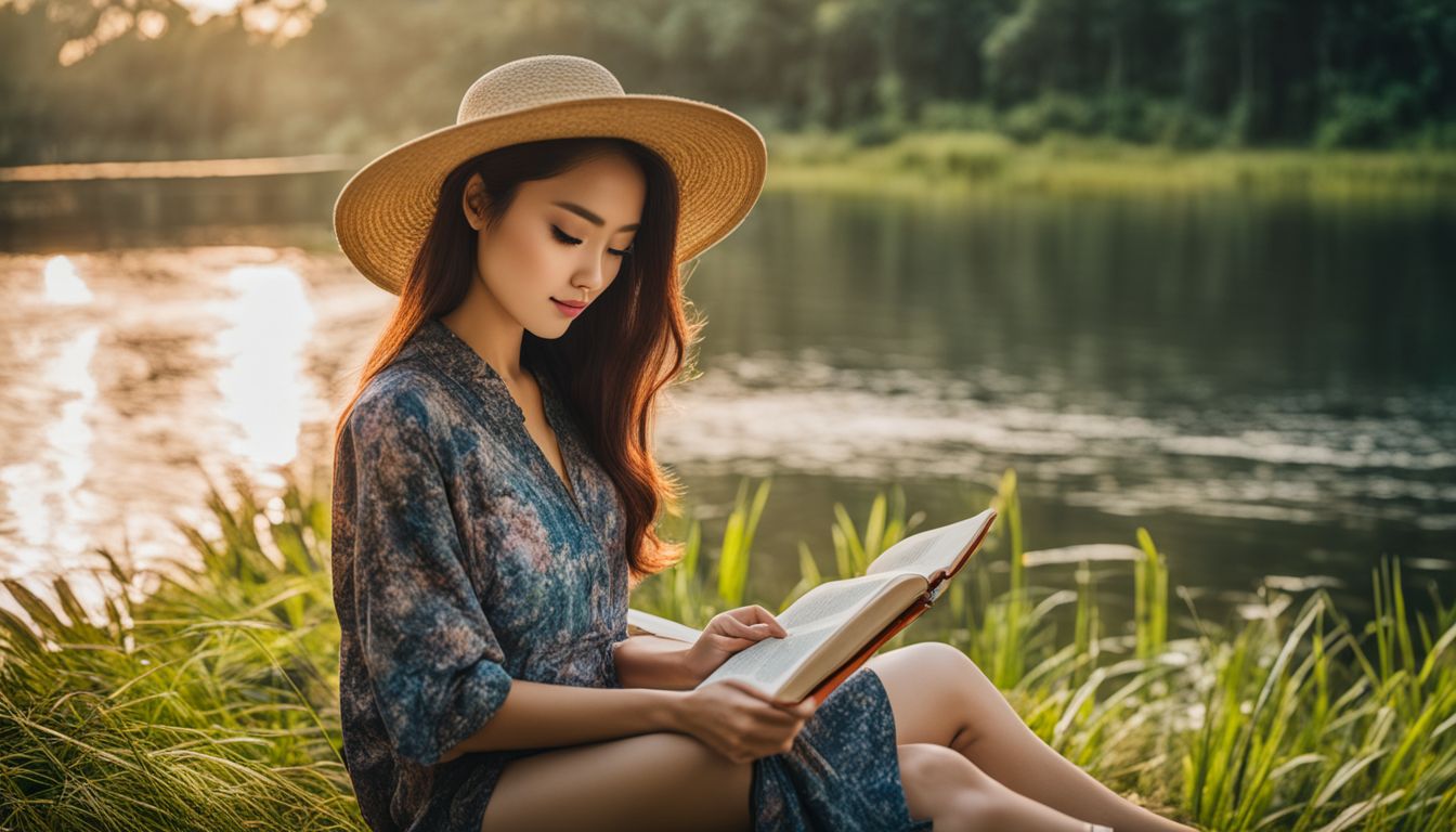 A young woman enjoys a peaceful moment reading a book by a river surrounded by nature.