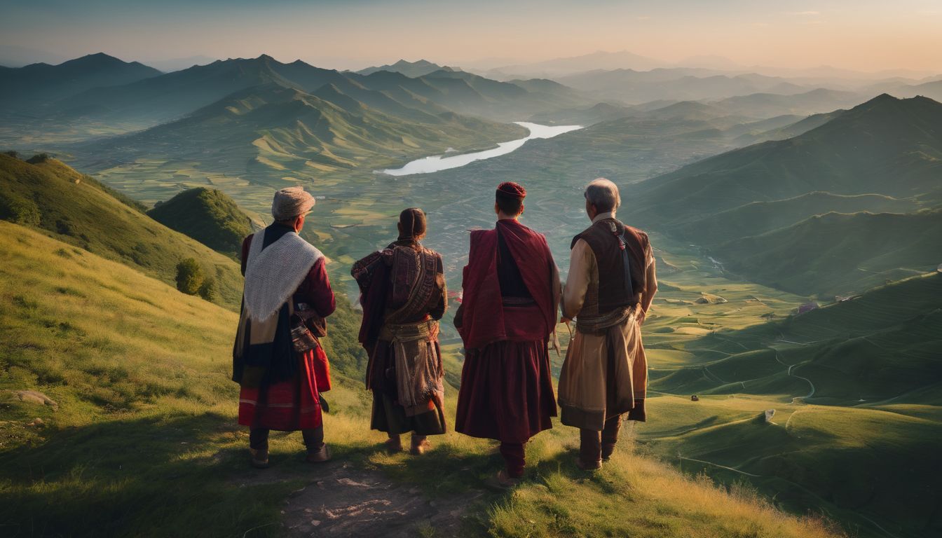 A group of locals in traditional attire stand on a hilltop overlooking lush valleys in a bustling atmosphere.