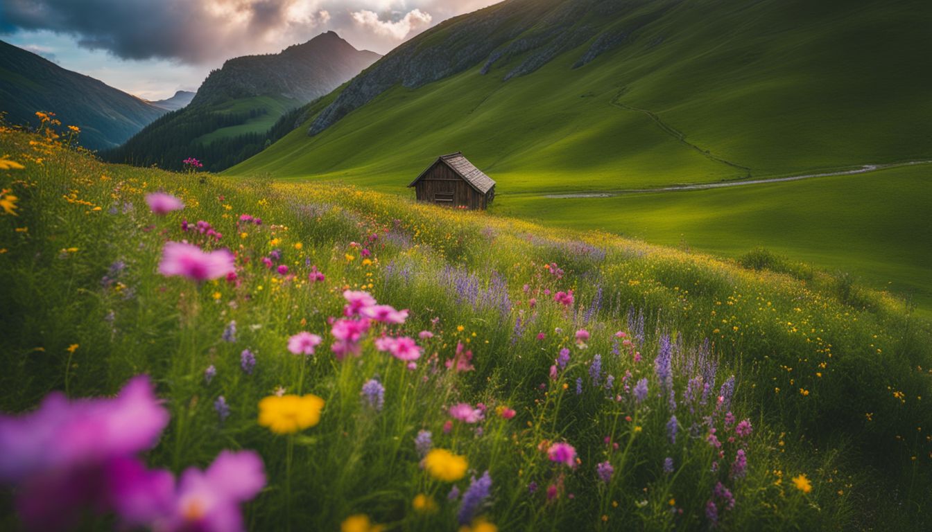 A photo of vibrant wildflowers in lush green meadows with a diverse group of people enjoying the scenery.