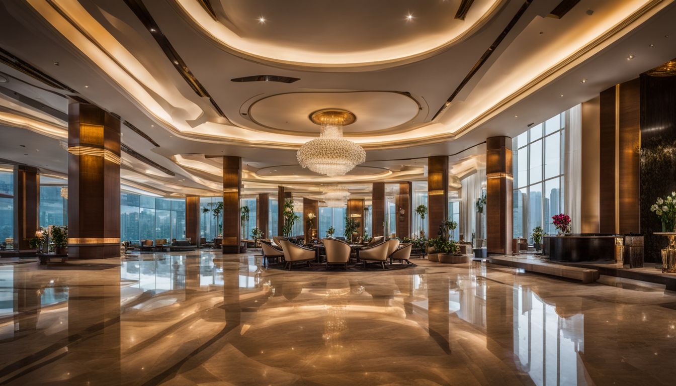 A luxurious 5-star hotel lobby in Bangladesh with diverse people, stylish outfits, and a bustling atmosphere.