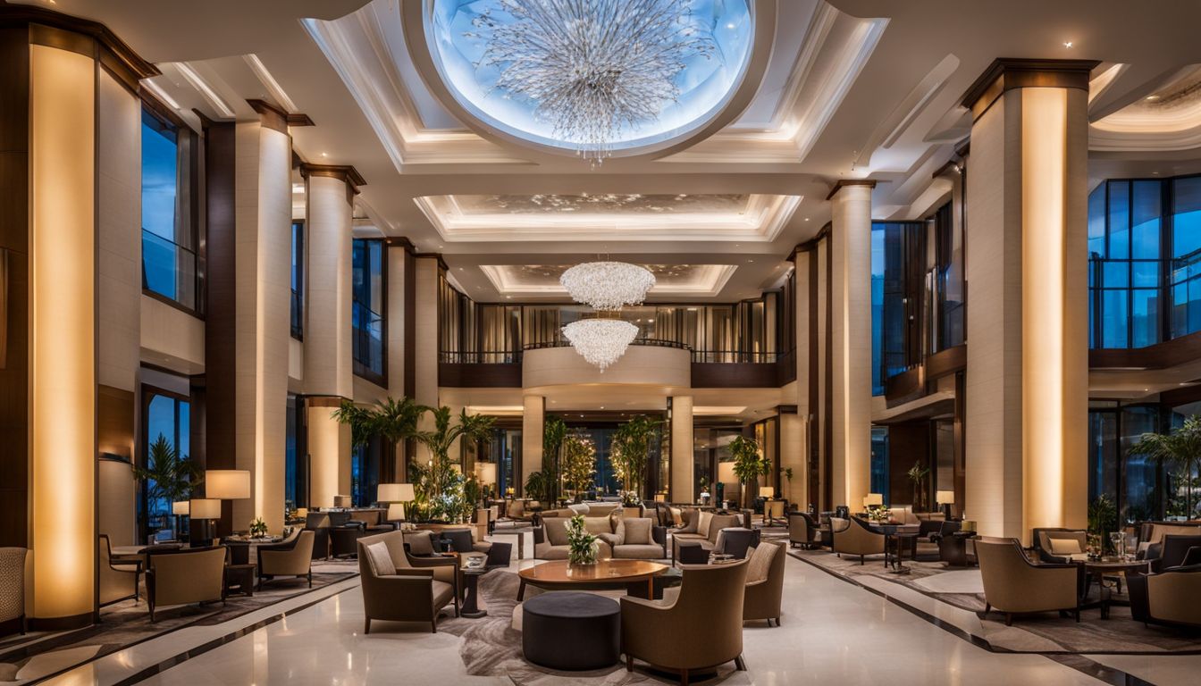 The grand lobby of Radisson Blu Chattogram Bay View is beautifully decorated with elegant architecture and luxurious furnishings.