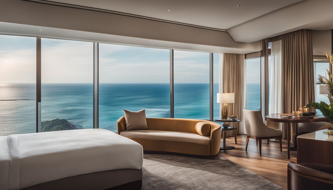 A photo of a luxurious hotel room with a stunning ocean view and diverse individuals enjoying their stay.