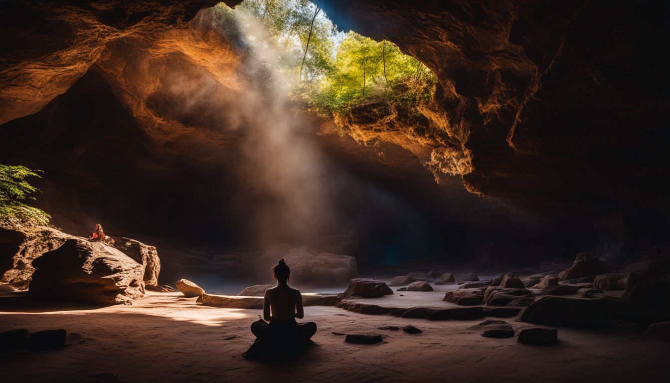 A person meditates in the mystical Cave Temple surrounded by vibrant colors and a bustling atmosphere.