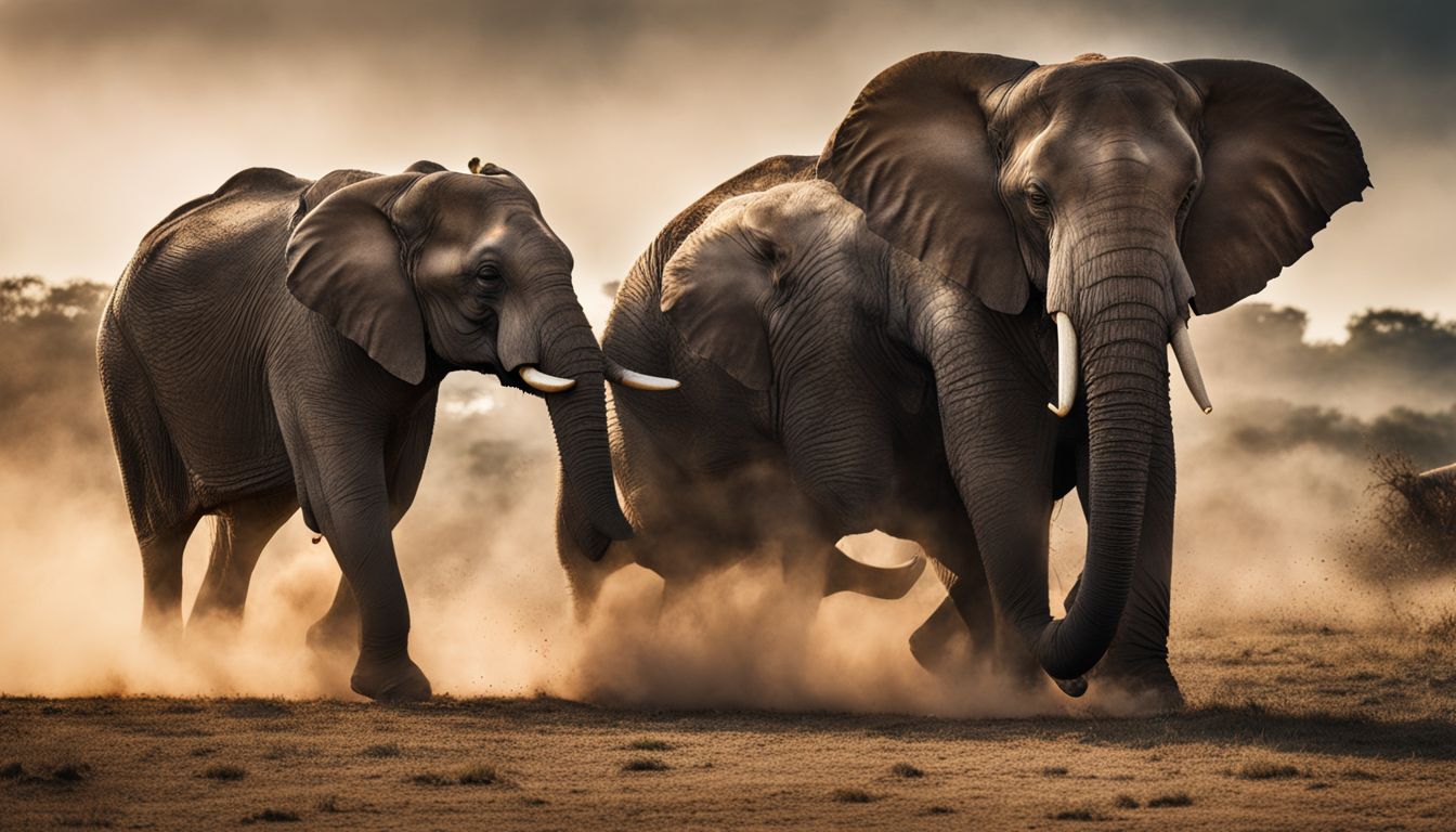 A captivating photo of two powerful elephants charging at each other on a grand battlefield.
