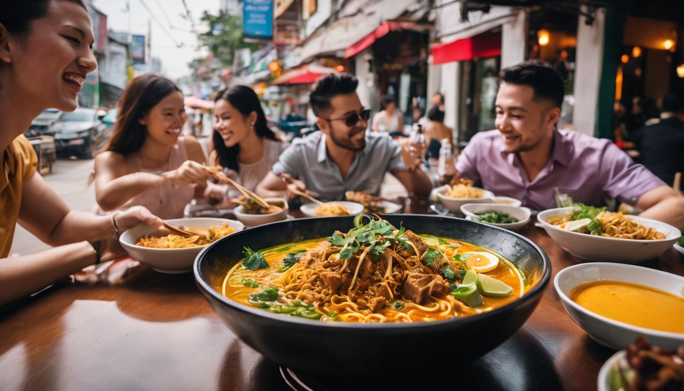 A diverse group of friends enjoying a vibrant and flavorful meal together at Khao Soi Lam Duan.